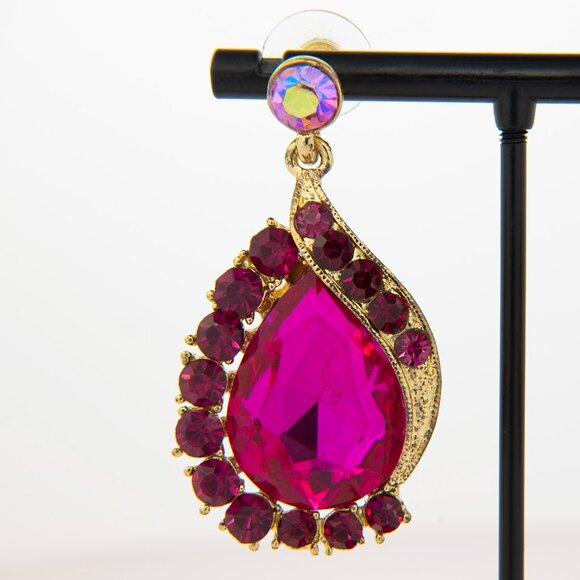 Statement Teardrop Earrings | Fuchsia Crystal Dangle | Gold Tone Glam - Picture 3 of 7